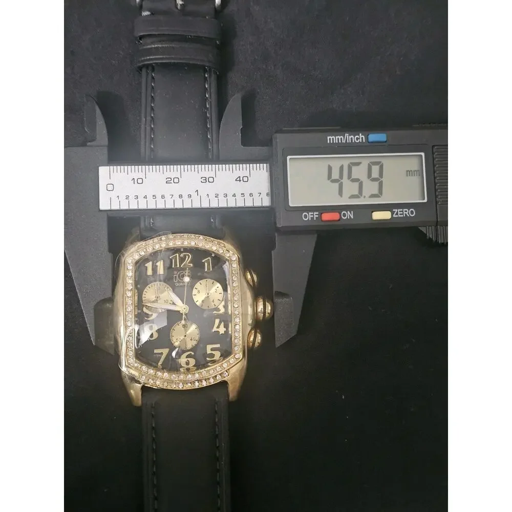 45.9mm bubble face Analog Watch gold tone bezel with Black genuine Leather band